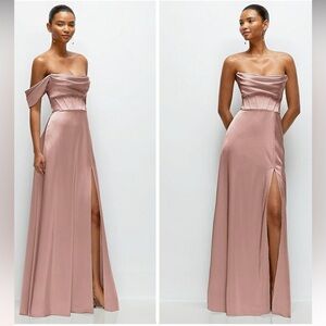 After Six Dessy A-Line Satin Off Shoulder/Strapless Nude Maxi Dress NWT